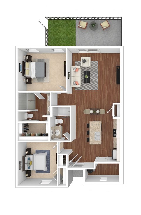 a stylized floor plan with a bedroom and a living room